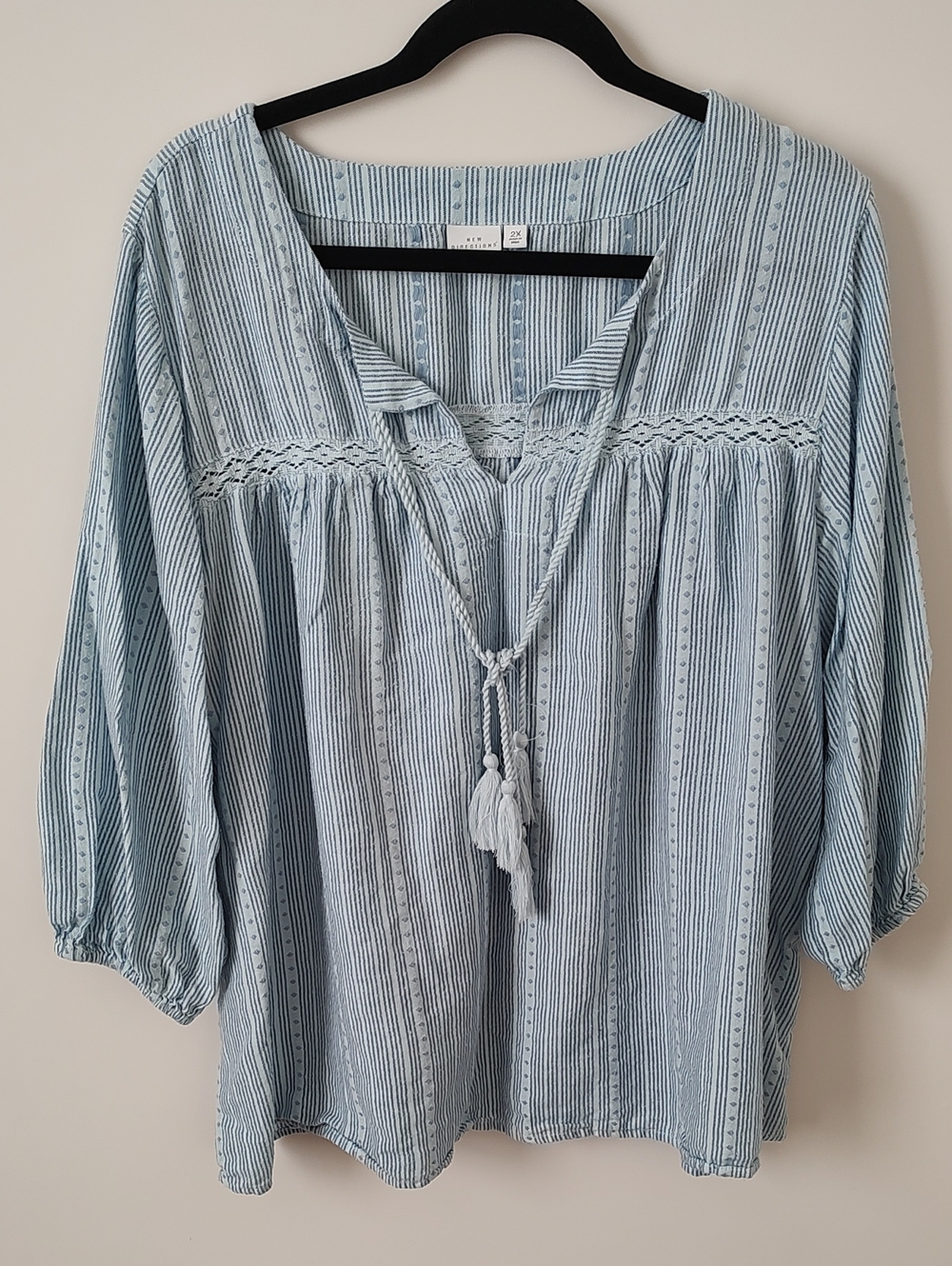Cotton Blend Light Blue Striped Peasant Tunic with Tassel Tie Flowy Lightweight